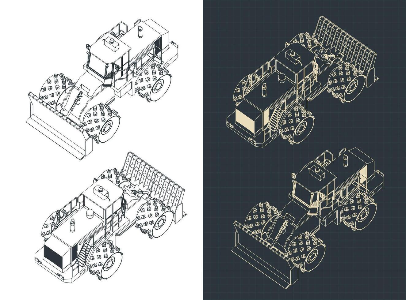 Landfill compactor isometric blueprints vector