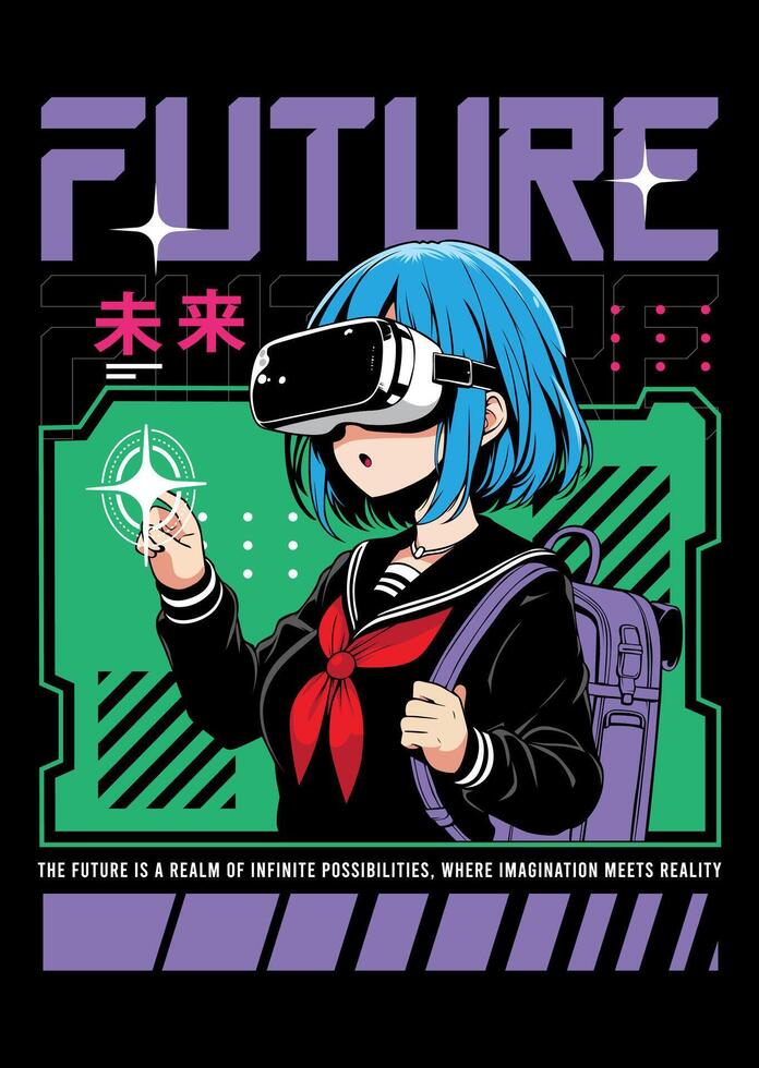 Anime girl posters in manga style. Tokyo Japan anime girl with concept of virtual reality,retro,futurism,futuristic,cyberpunk. Japanese y2k illustration. Kanji translation is Future vector