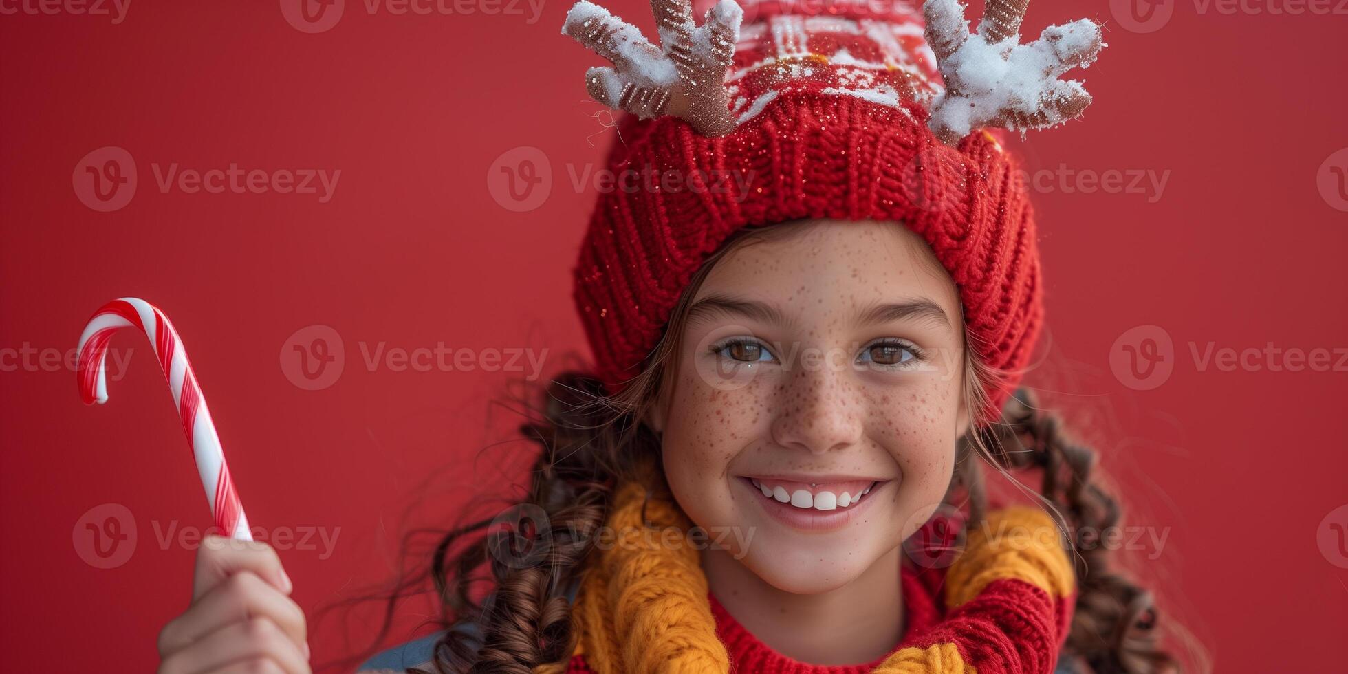 A young girl wearing a red knitted hat and scarf holds a candy cane excitedly photo