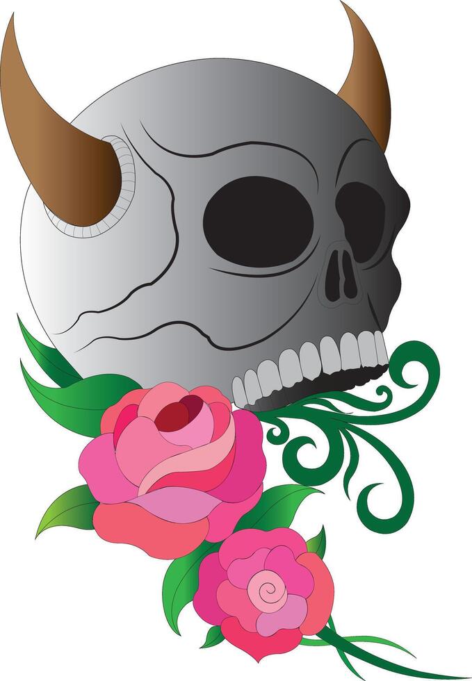 Demon skull with rose flowers tattoo design by hand drawing and make graphic . vector