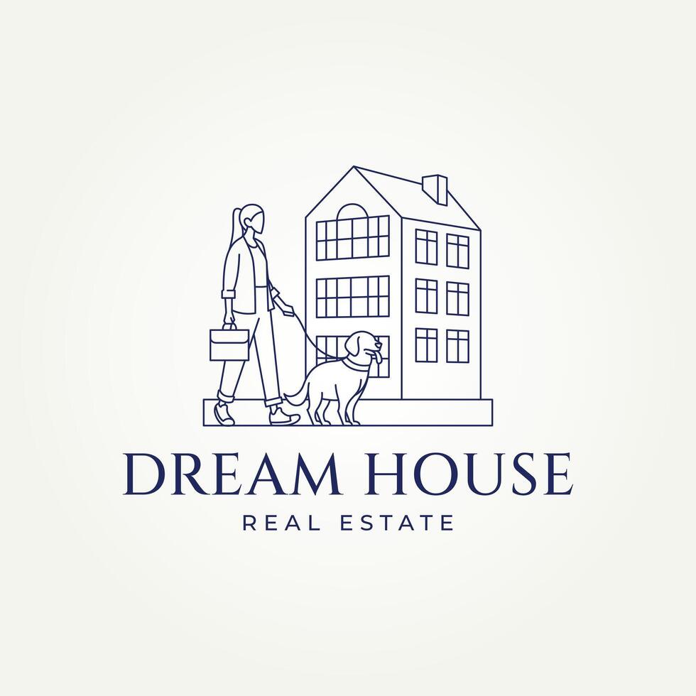 minimalist apartment real estate company line art icon logo illustration design. simple modern woman walking with her dog in front of a dream apartment logo concept vector