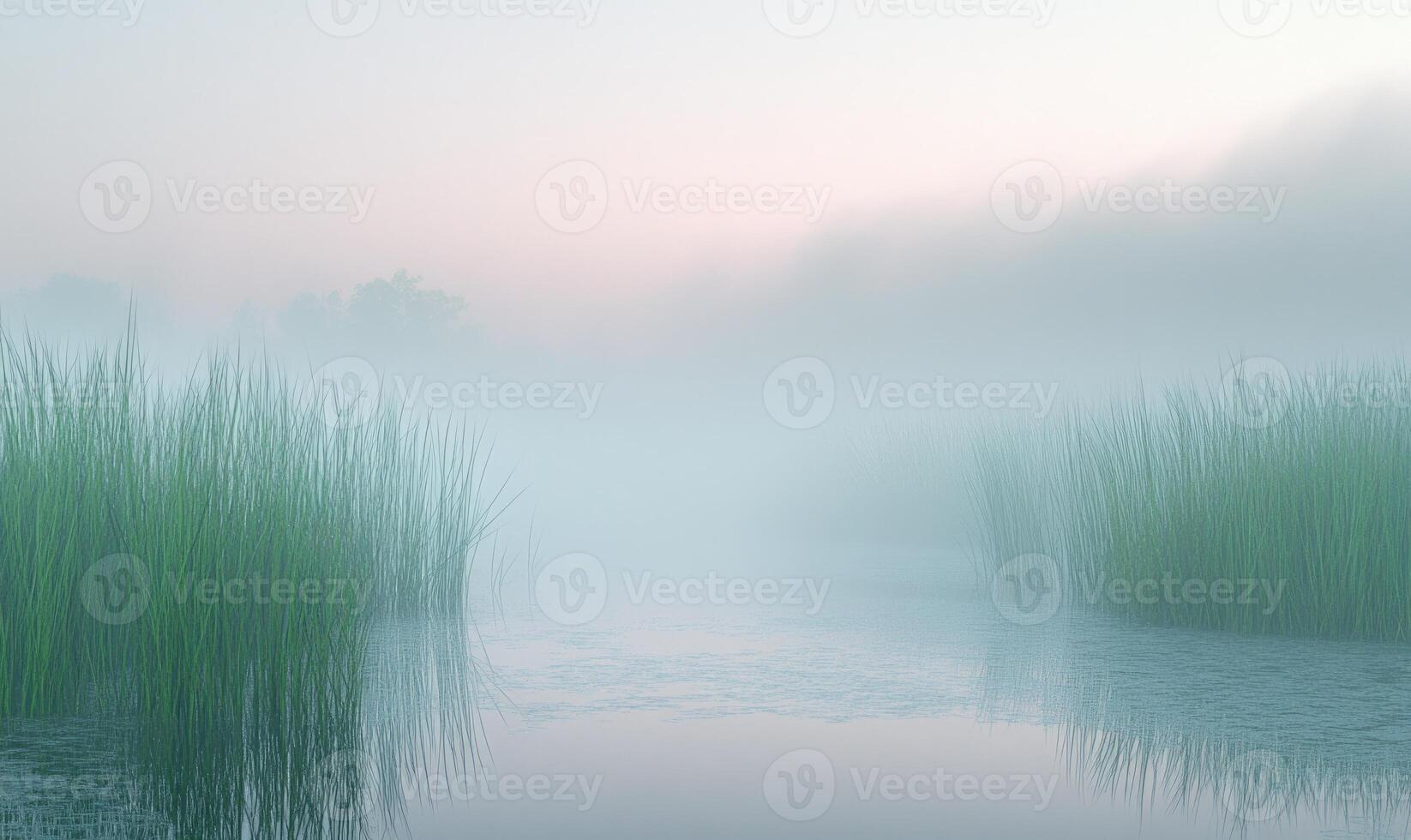 A foggy morning with a lake in the background photo