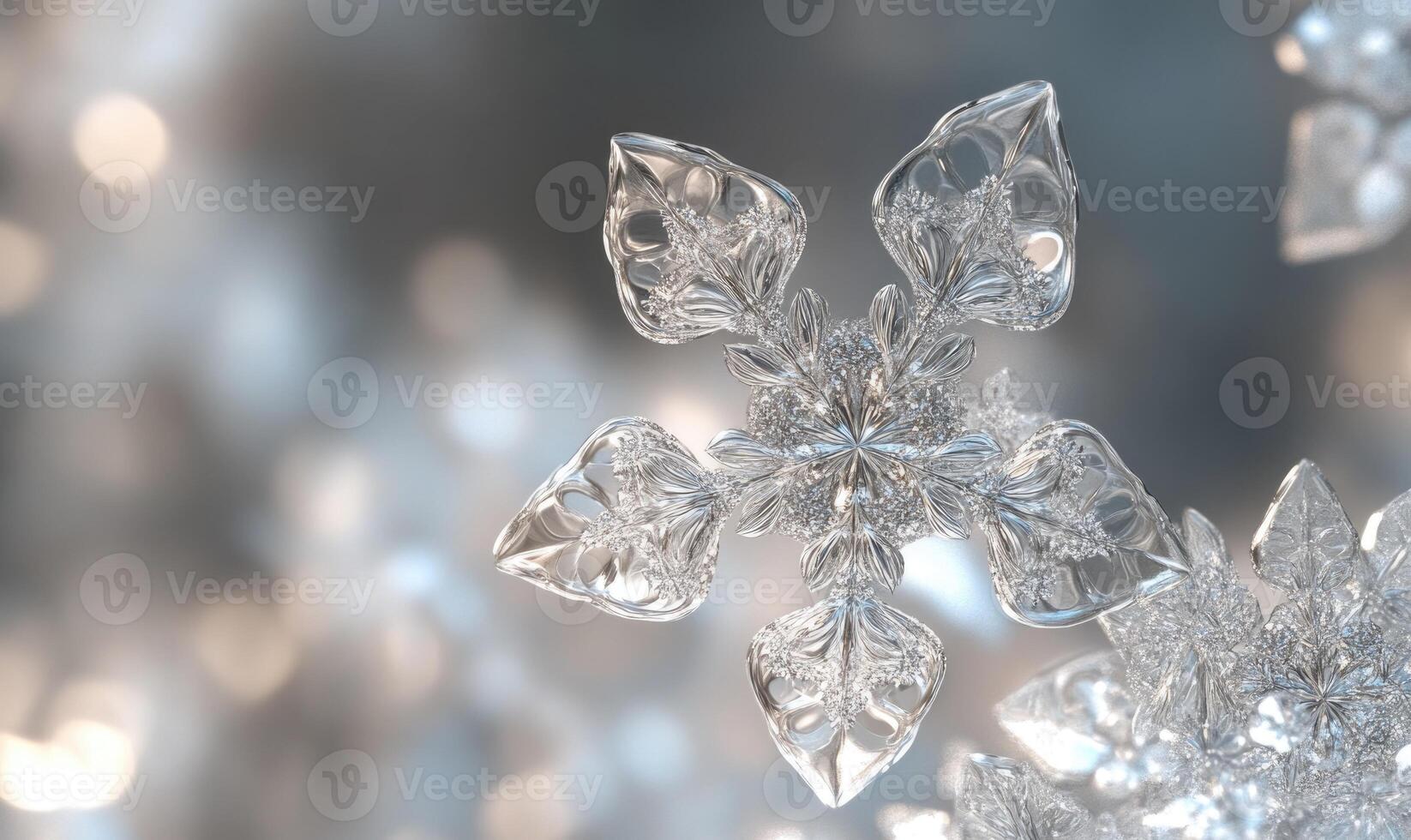 A snowflake is shown in a blurry background with a white background photo
