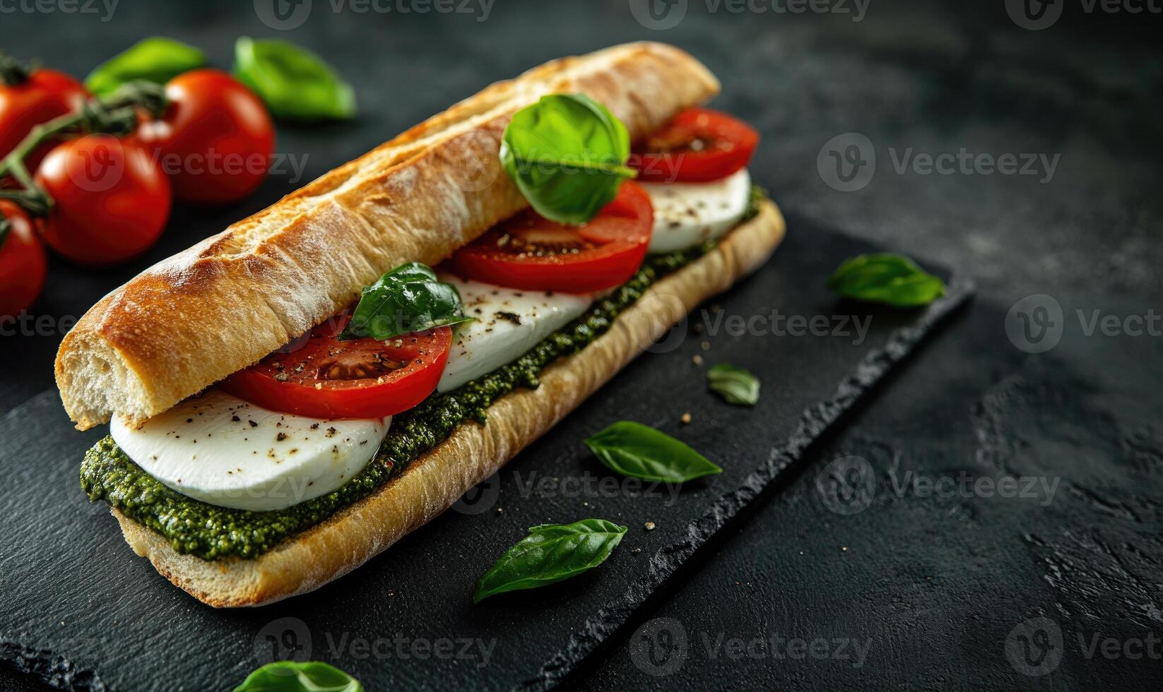 A sandwich with tomatoes and basil on a black table photo