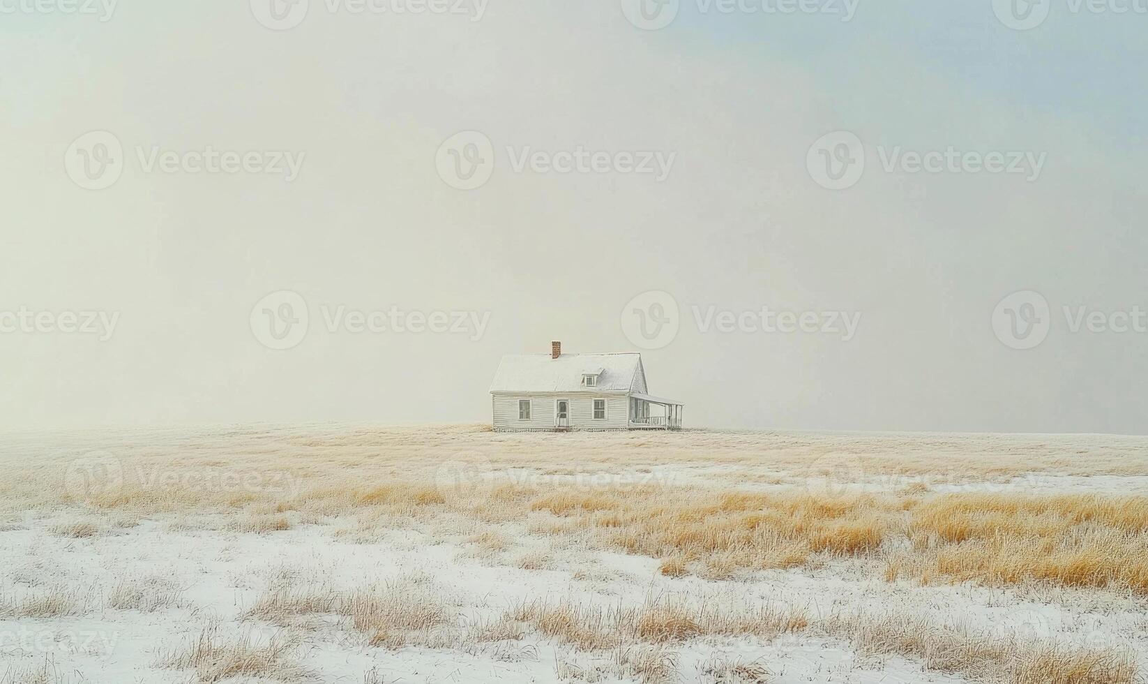 A small white house sits in a field of snow photo