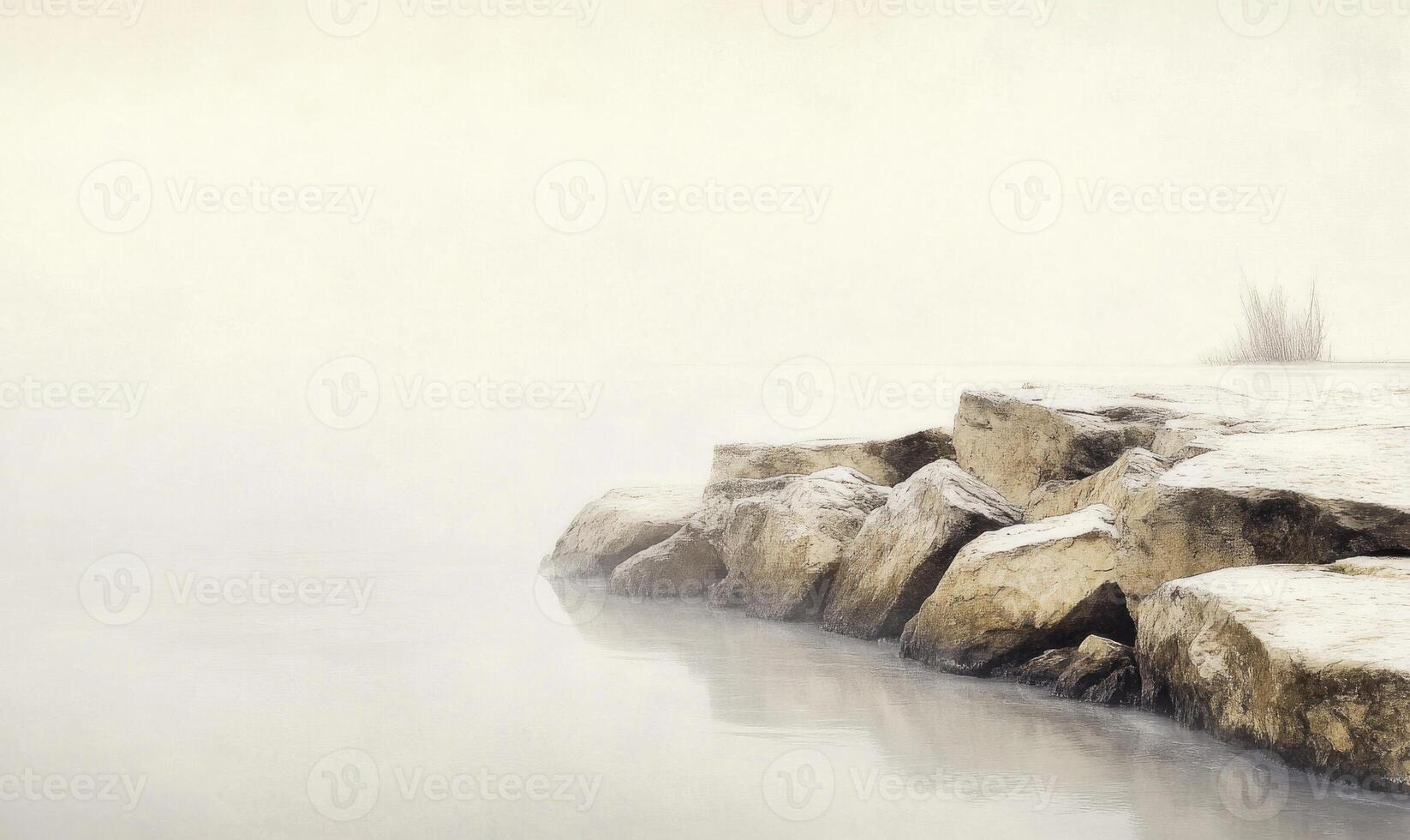 A foggy, rocky shoreline with a body of water in the foreground photo