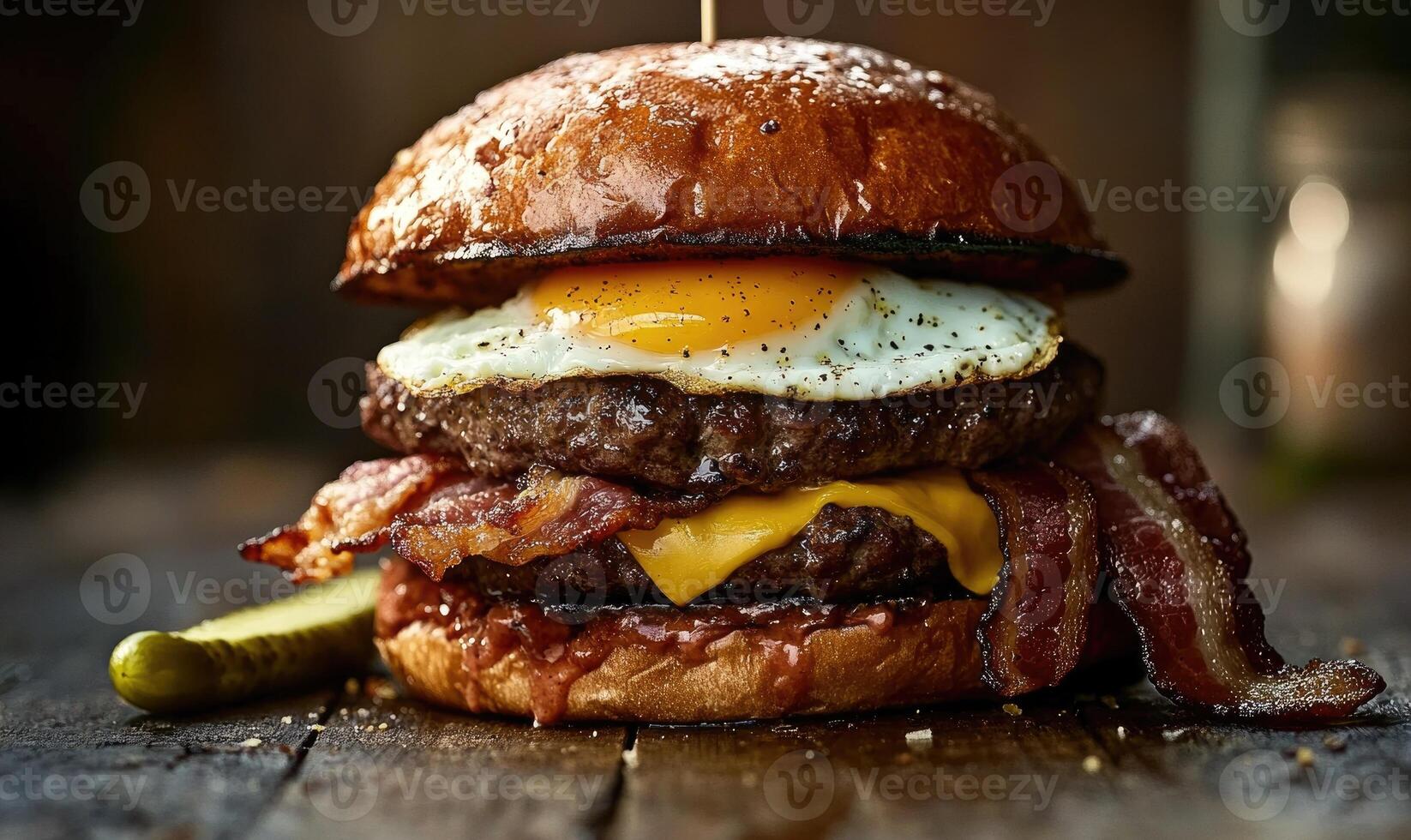A large burger with bacon, cheese, and an egg on top photo