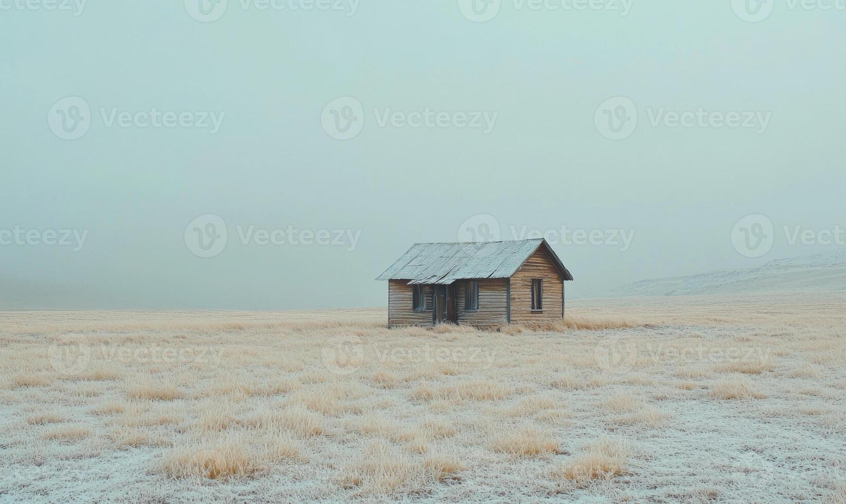 A small, old house sits in a field of snow photo