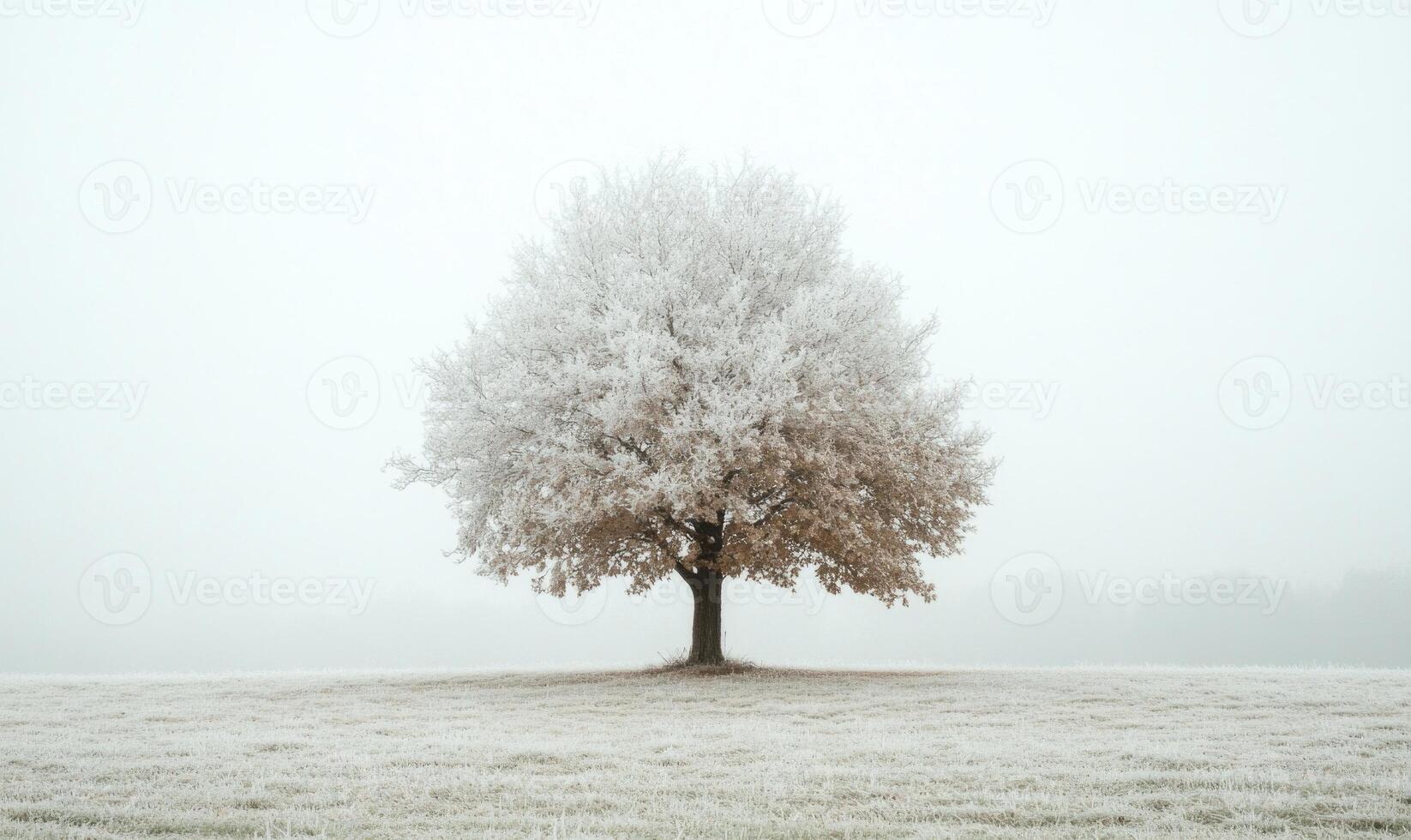 A tree stands alone in a field of snow photo