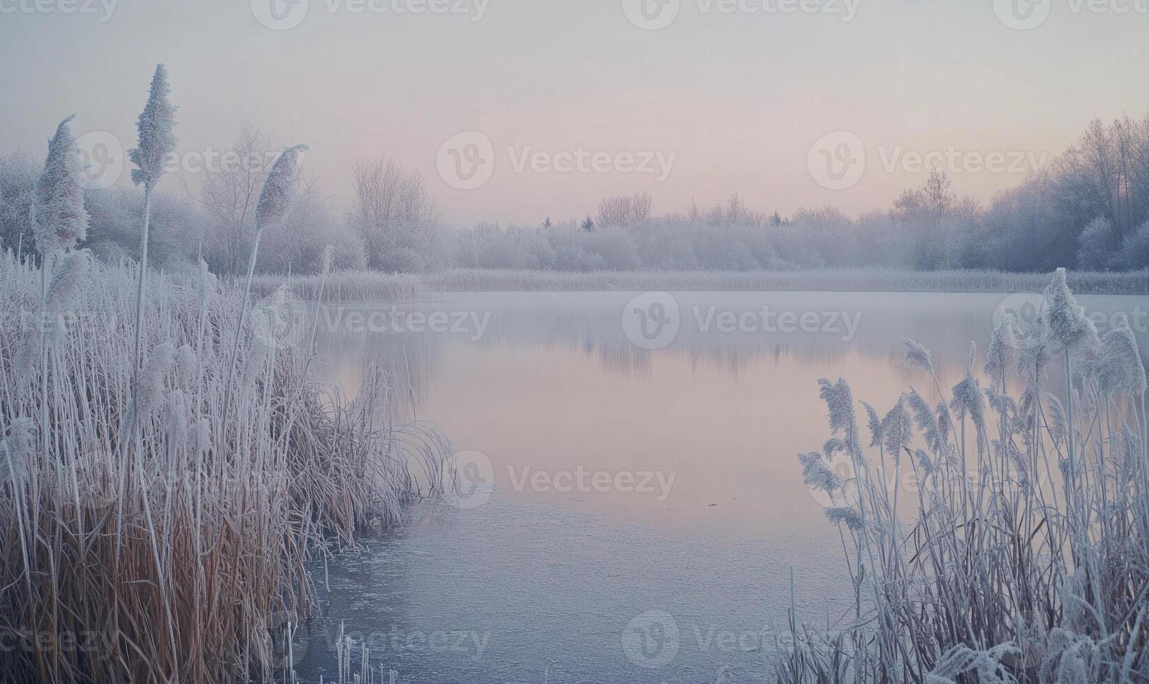 A frozen lake with a snowy field in the background photo