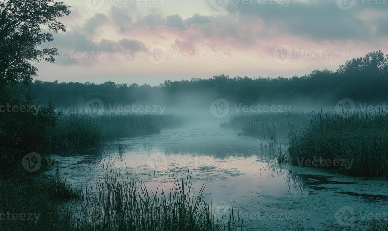 A foggy, misty morning in a marshy area with a river running through it photo