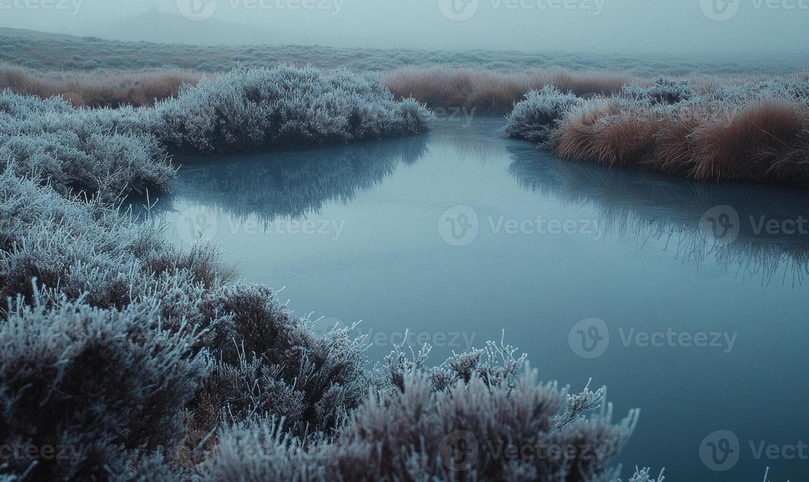 A frozen pond with a few trees in the background photo