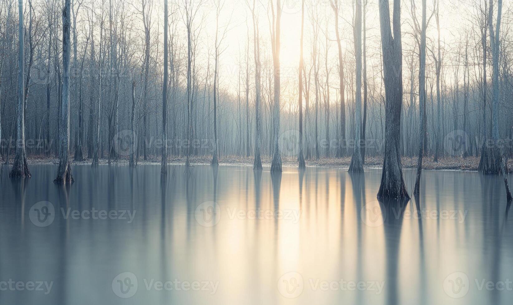 A forest with a lake in the middle photo