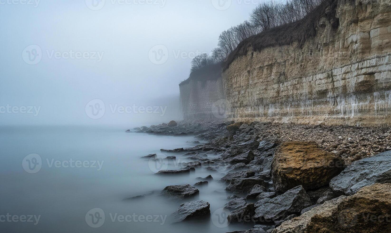 A foggy shoreline with a rocky beach and a cliff photo