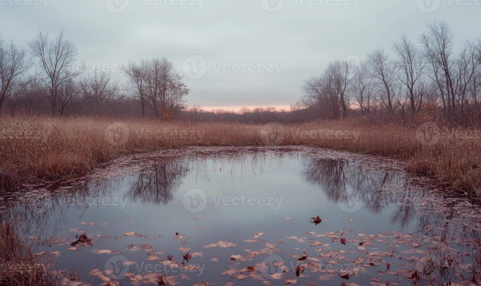 A pond with a few trees in the background photo