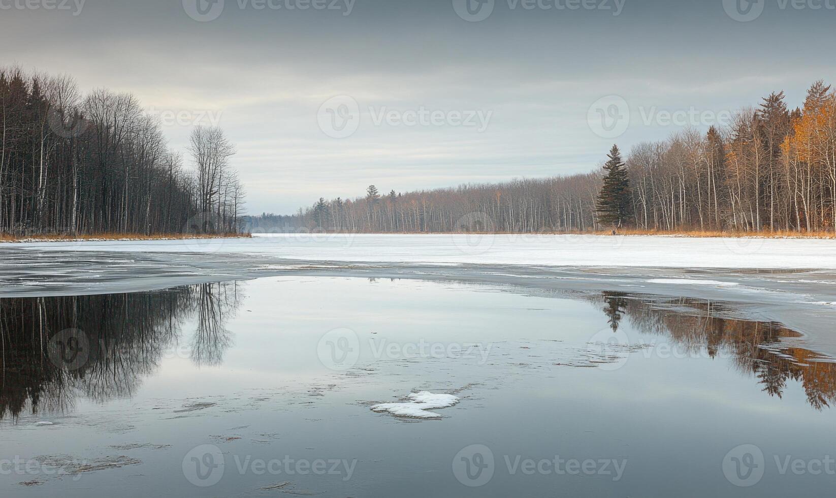 A lake with a snowy bank and trees in the background photo