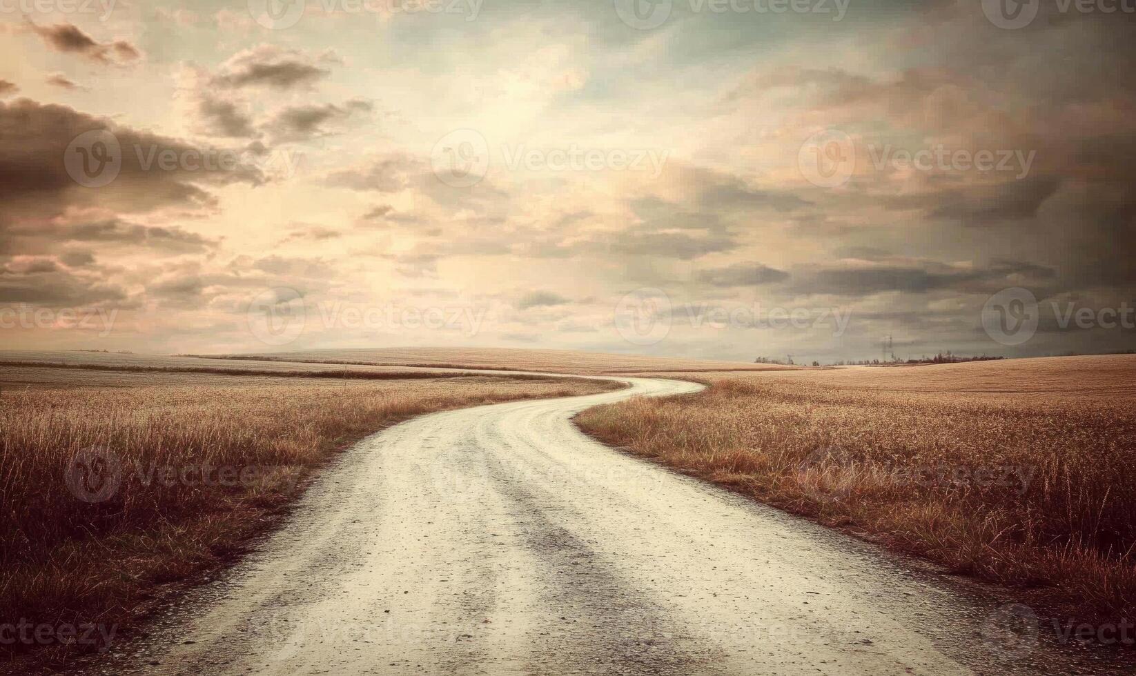A road with a curve in the middle of a field photo