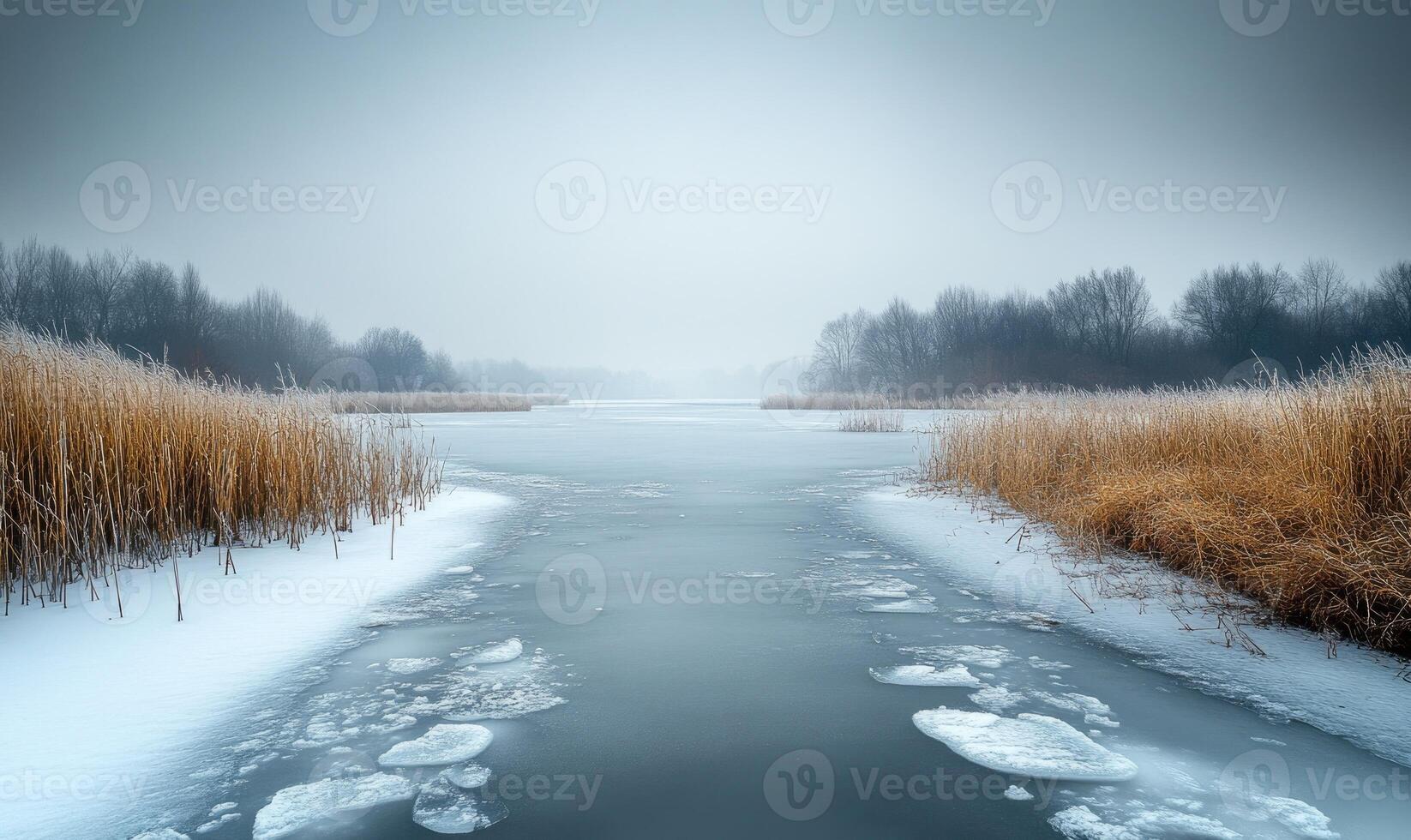 A frozen river with a few trees in the background photo