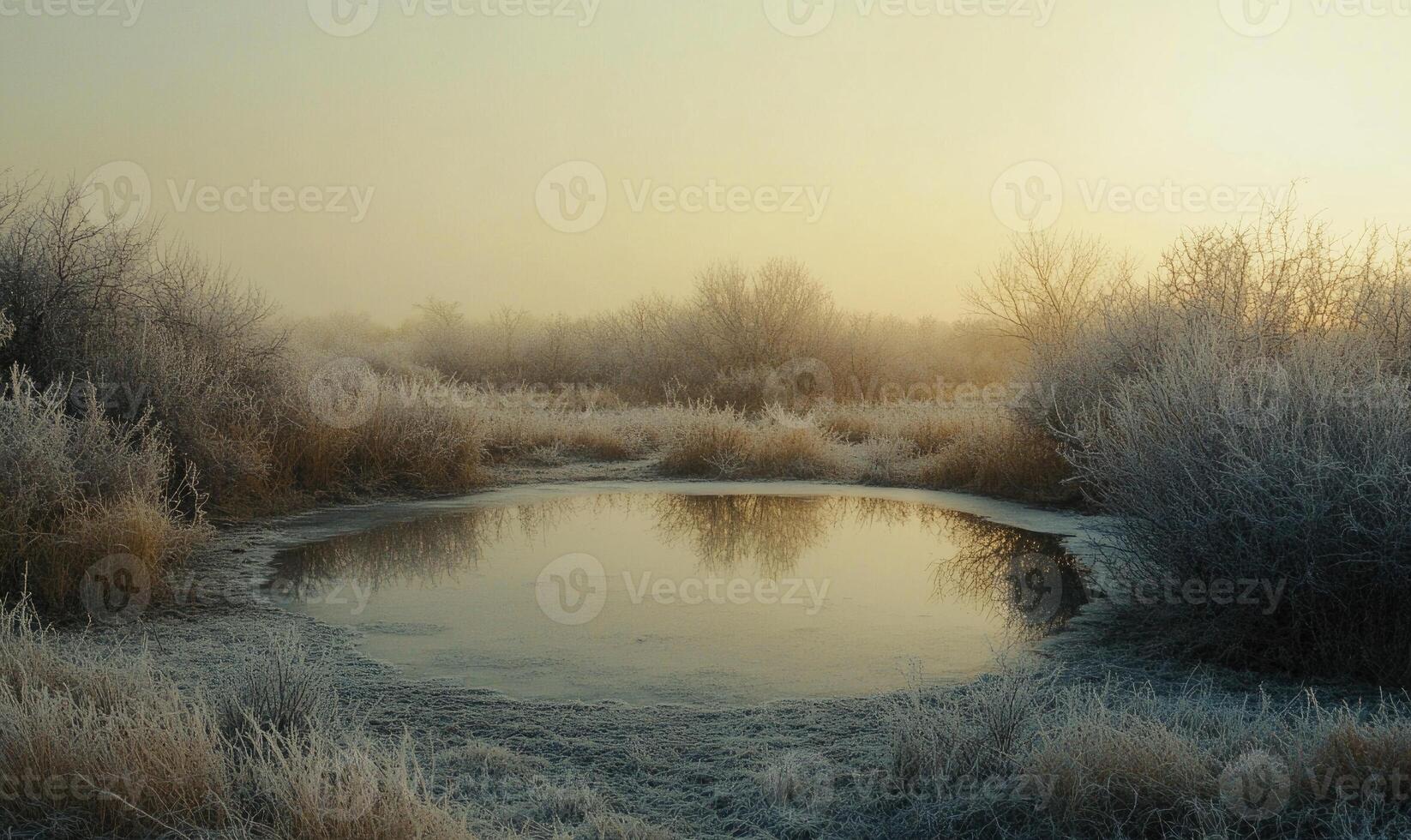 A frozen pond with trees in the background photo