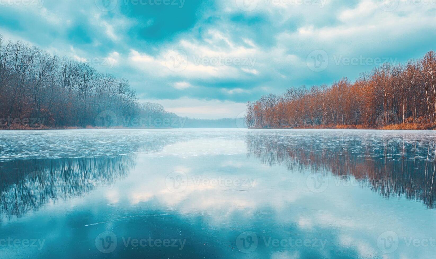 A lake with a cloudy sky in the background photo
