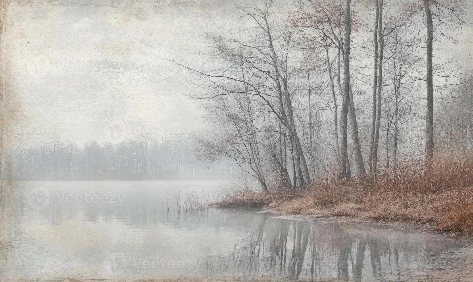 A painting of a lake with trees in the background photo