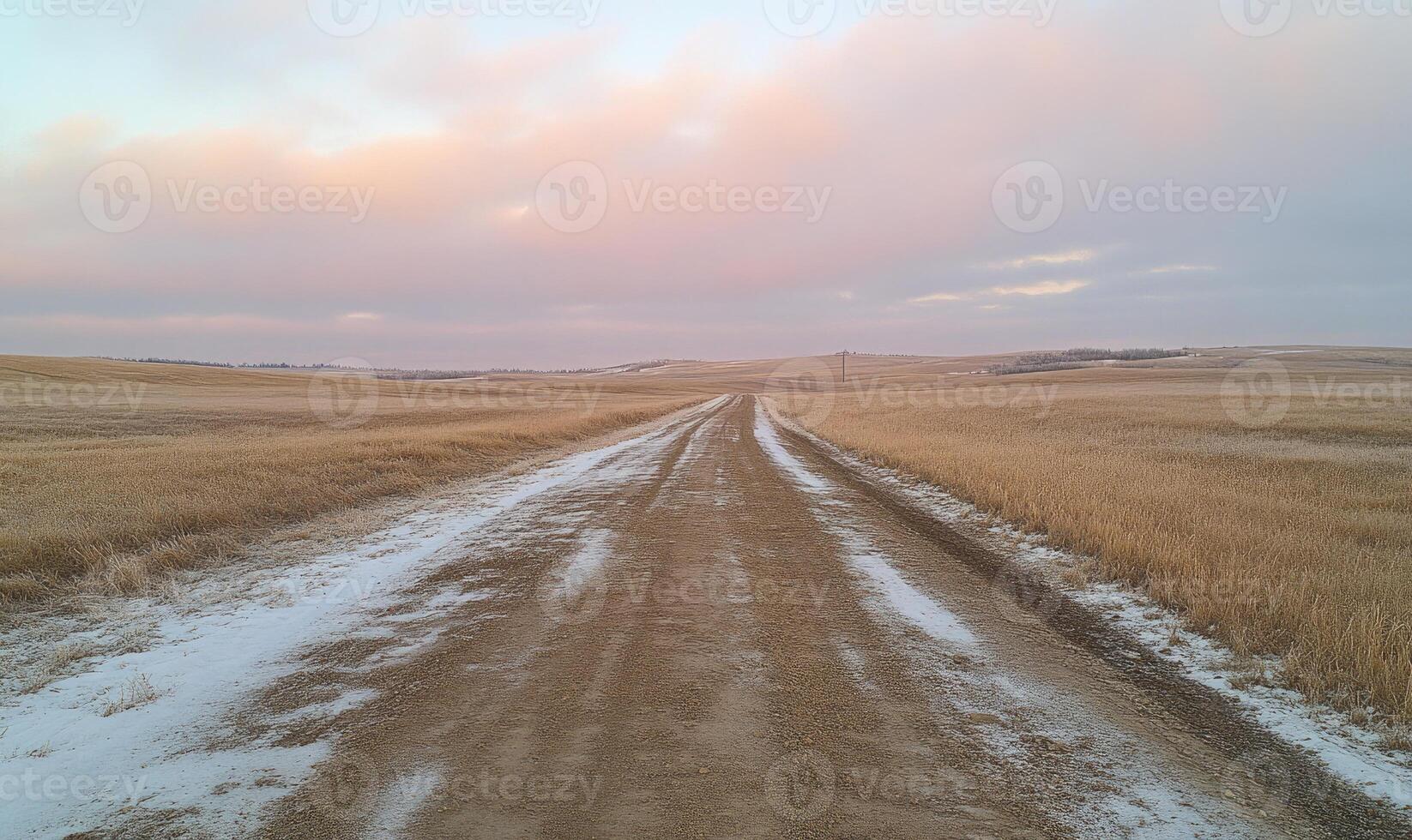 A road in the middle of a field with snow on the ground photo