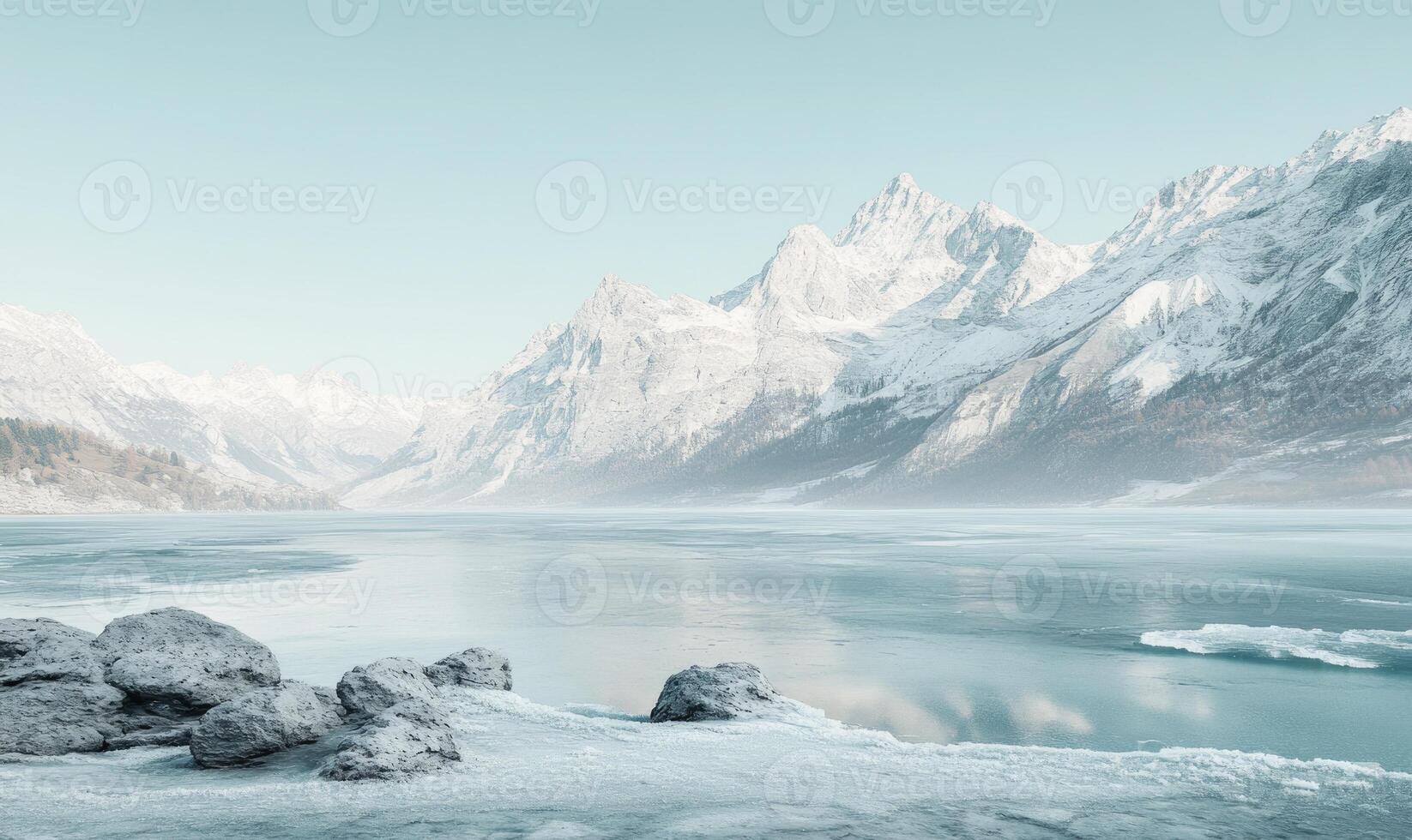 A beautiful snowy landscape with a large body of water photo