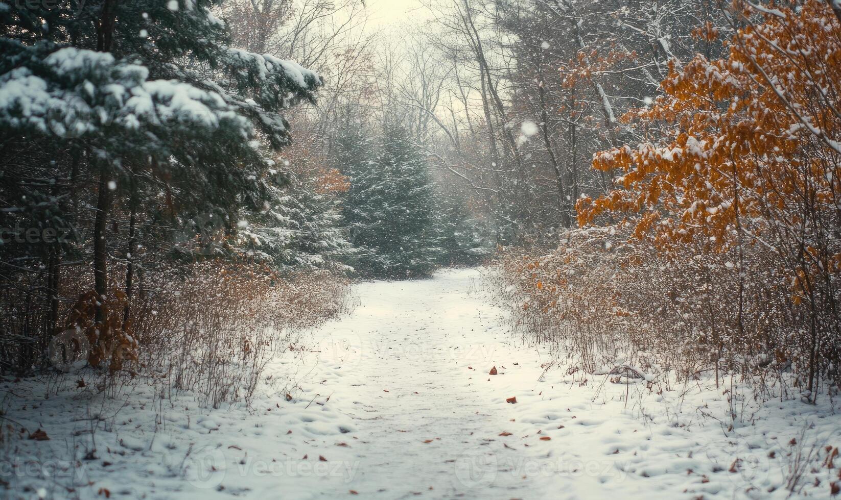 A snowy path in the woods with trees on either side photo