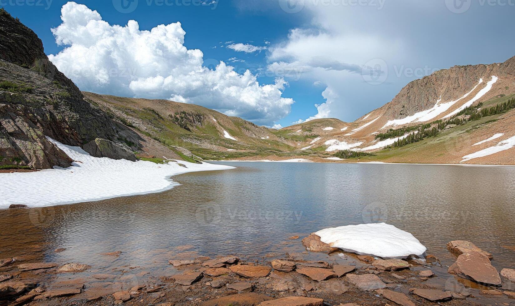 A mountain lake with a cloudy sky in the background photo