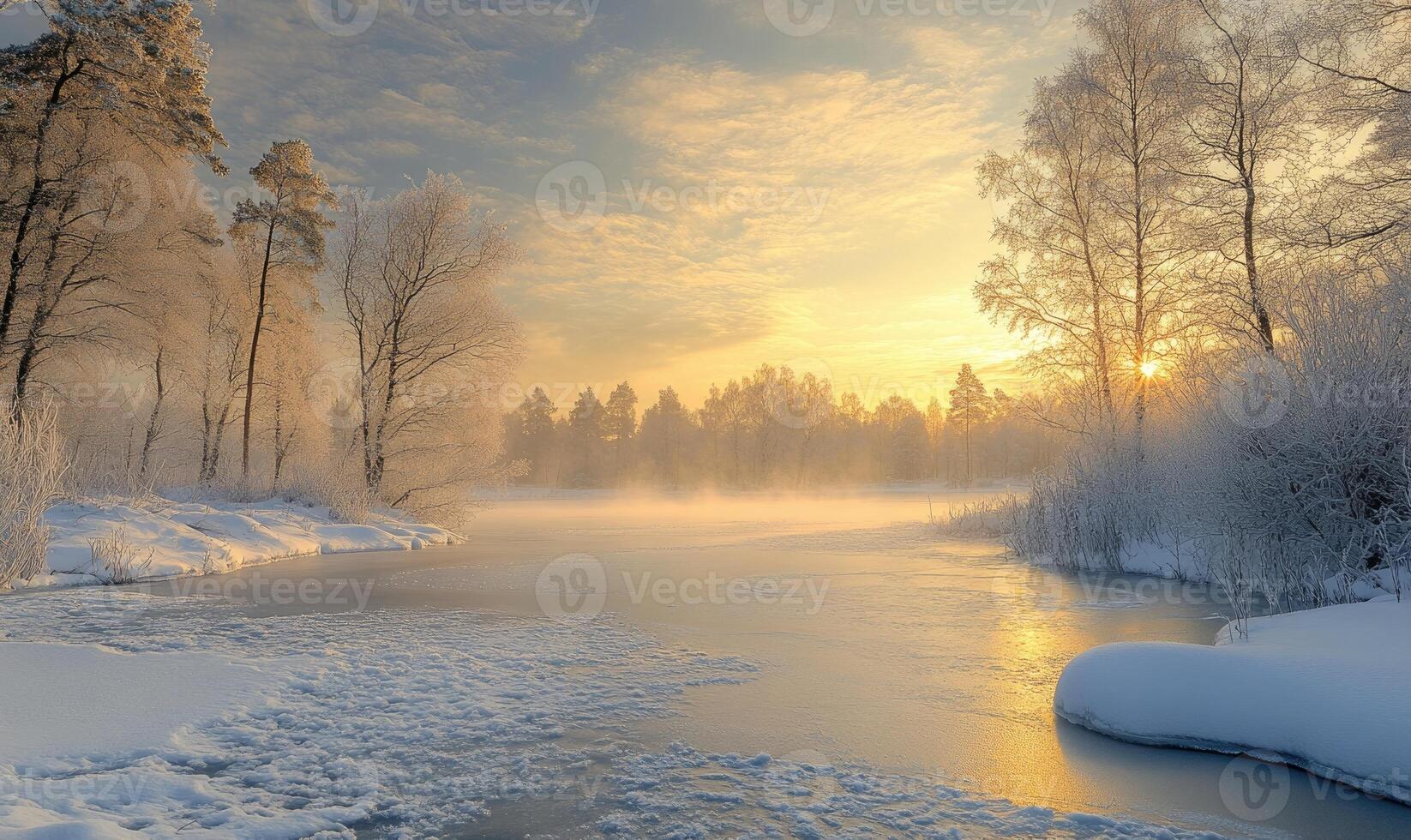 A snowy landscape with a river and trees photo