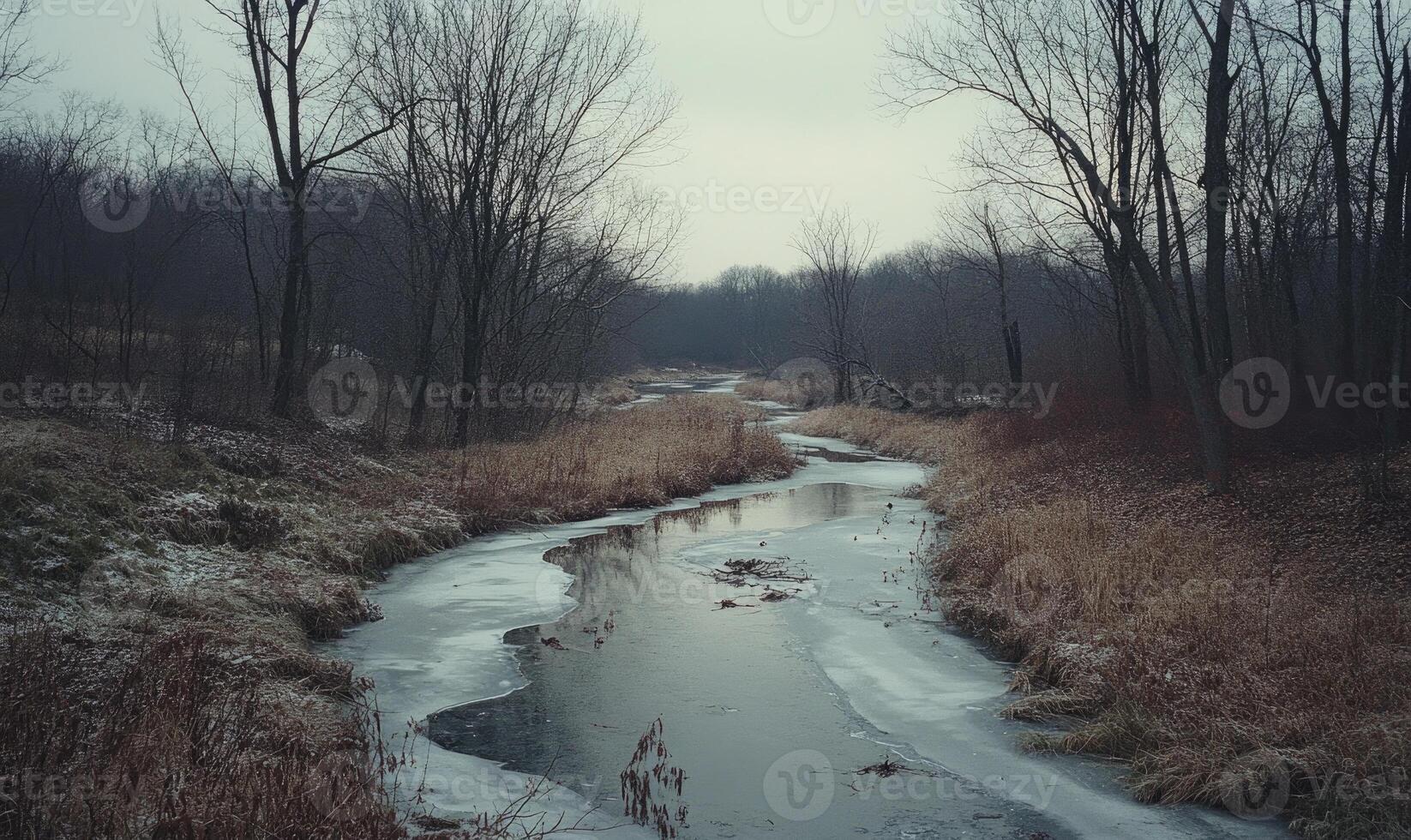 A frozen river with trees in the background photo