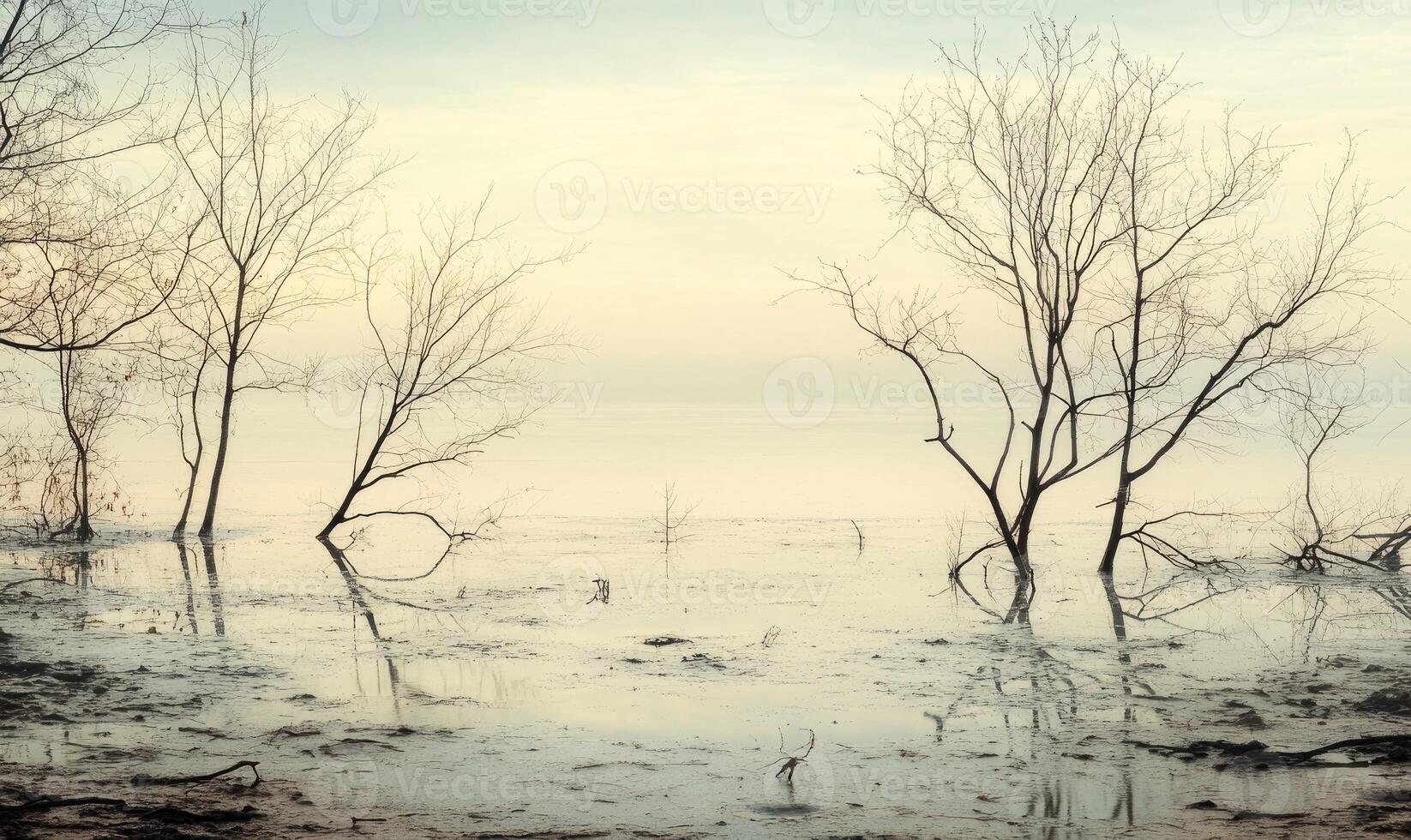 A serene lake with a few trees in the background photo