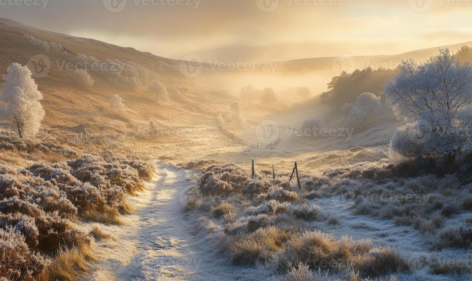 A snowy field with a path through it photo