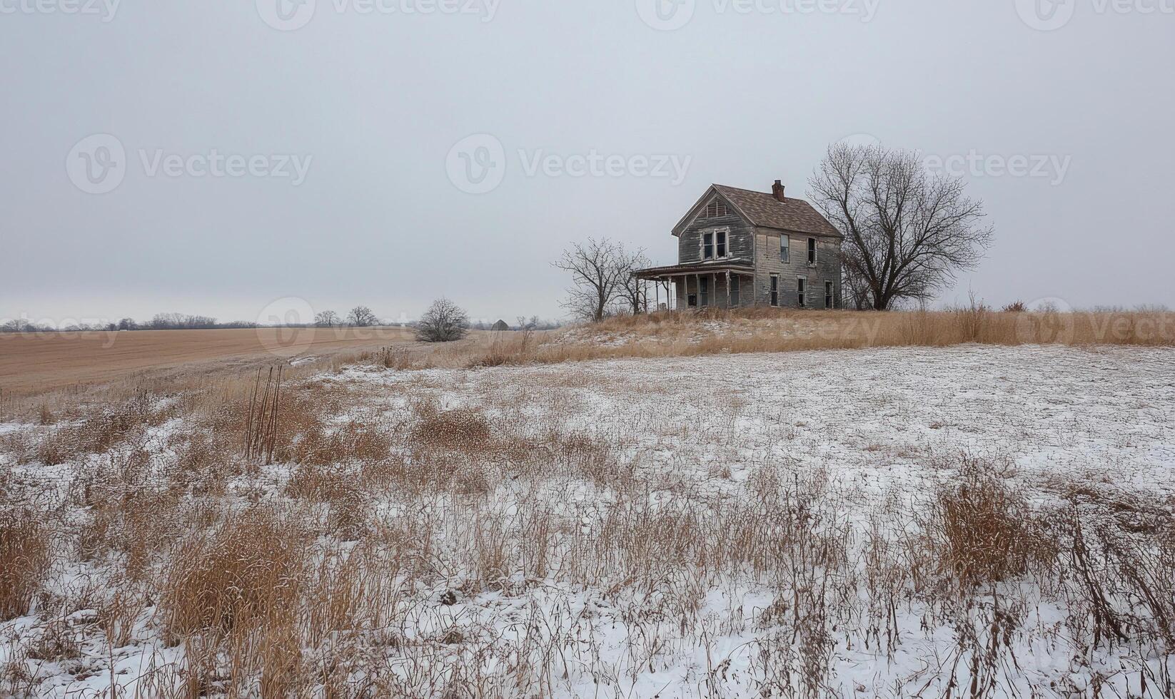 A house is in the middle of a field with snow on the ground photo