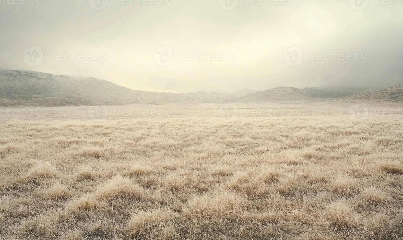 A field of grass is covered in frost and the sky is cloudy photo