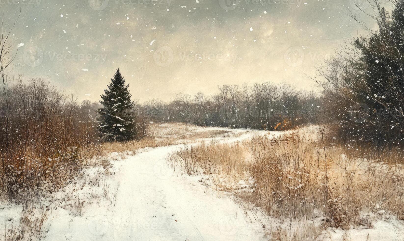 A snowy landscape with a tree in the foreground photo