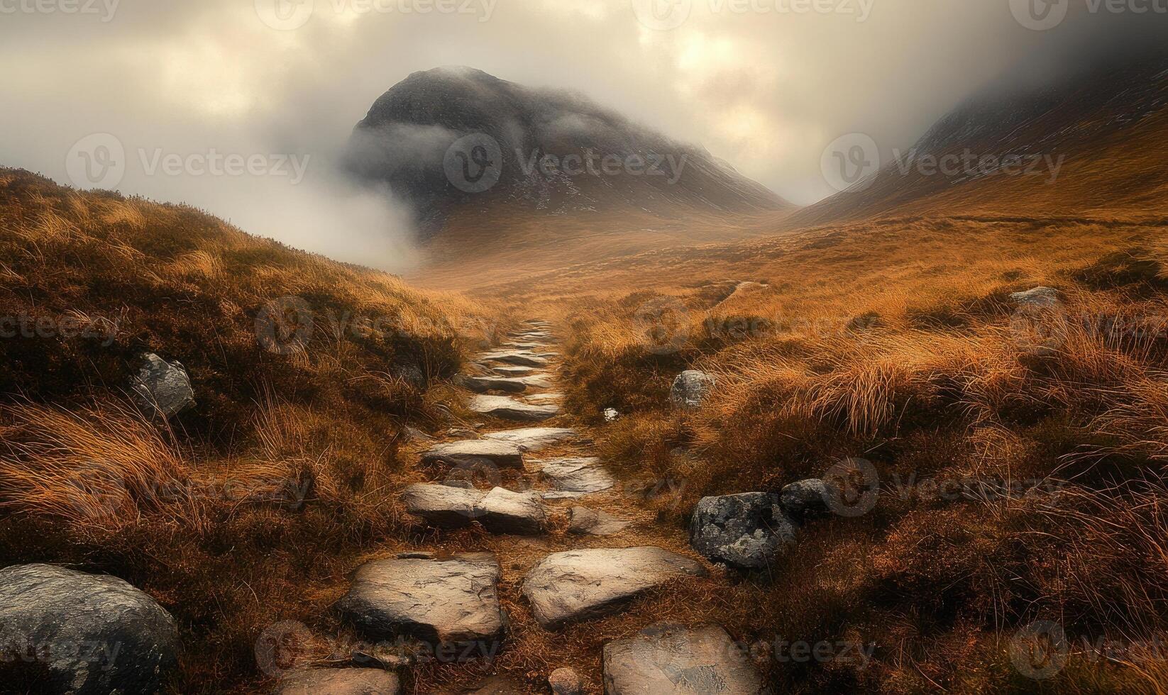 A path winds through a field of grass and rocks photo