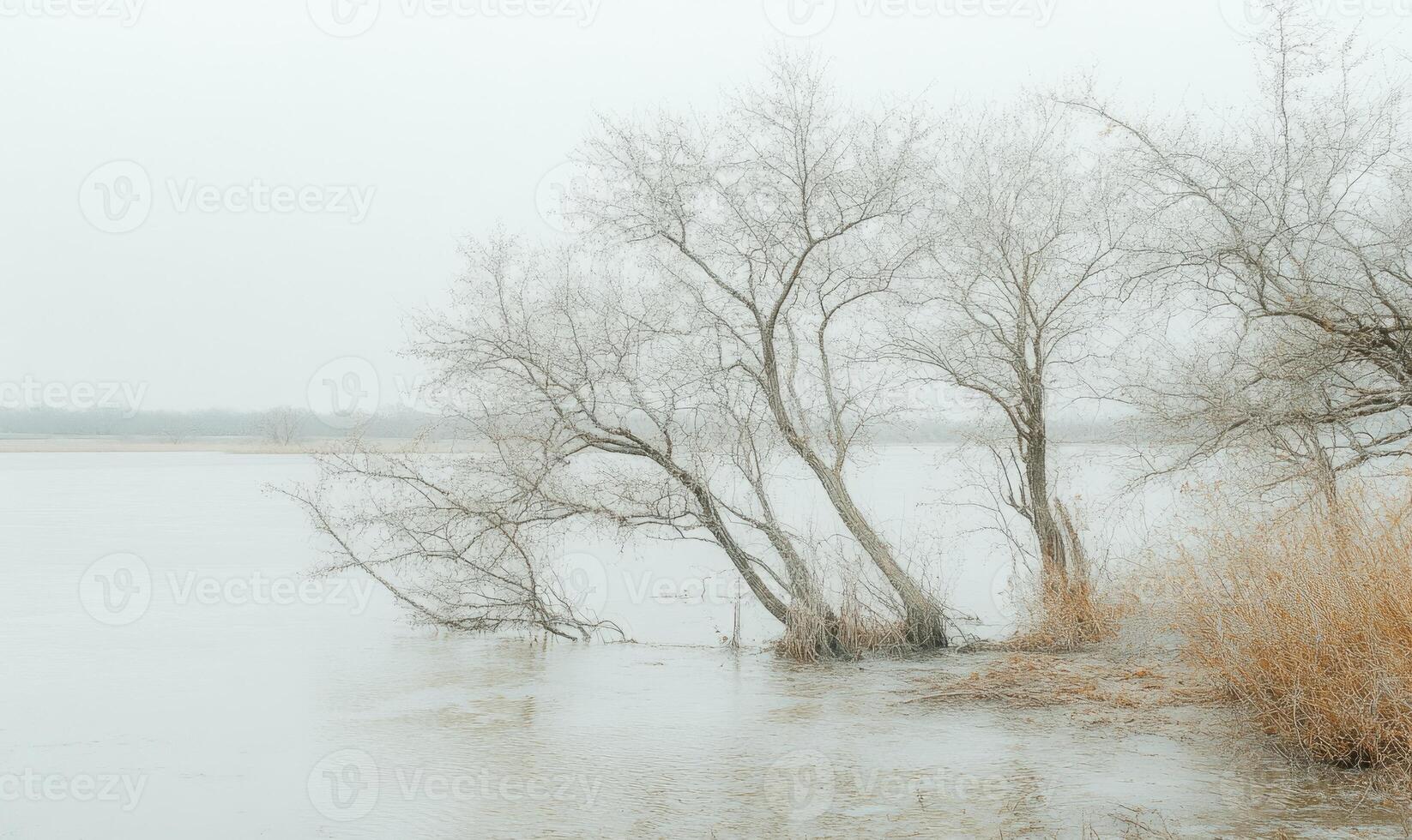 A tree is leaning over the water in a lake photo