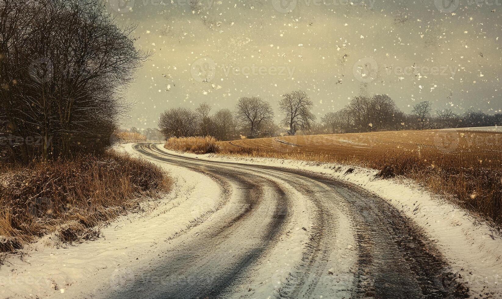 A snowy road with a tree in the background photo