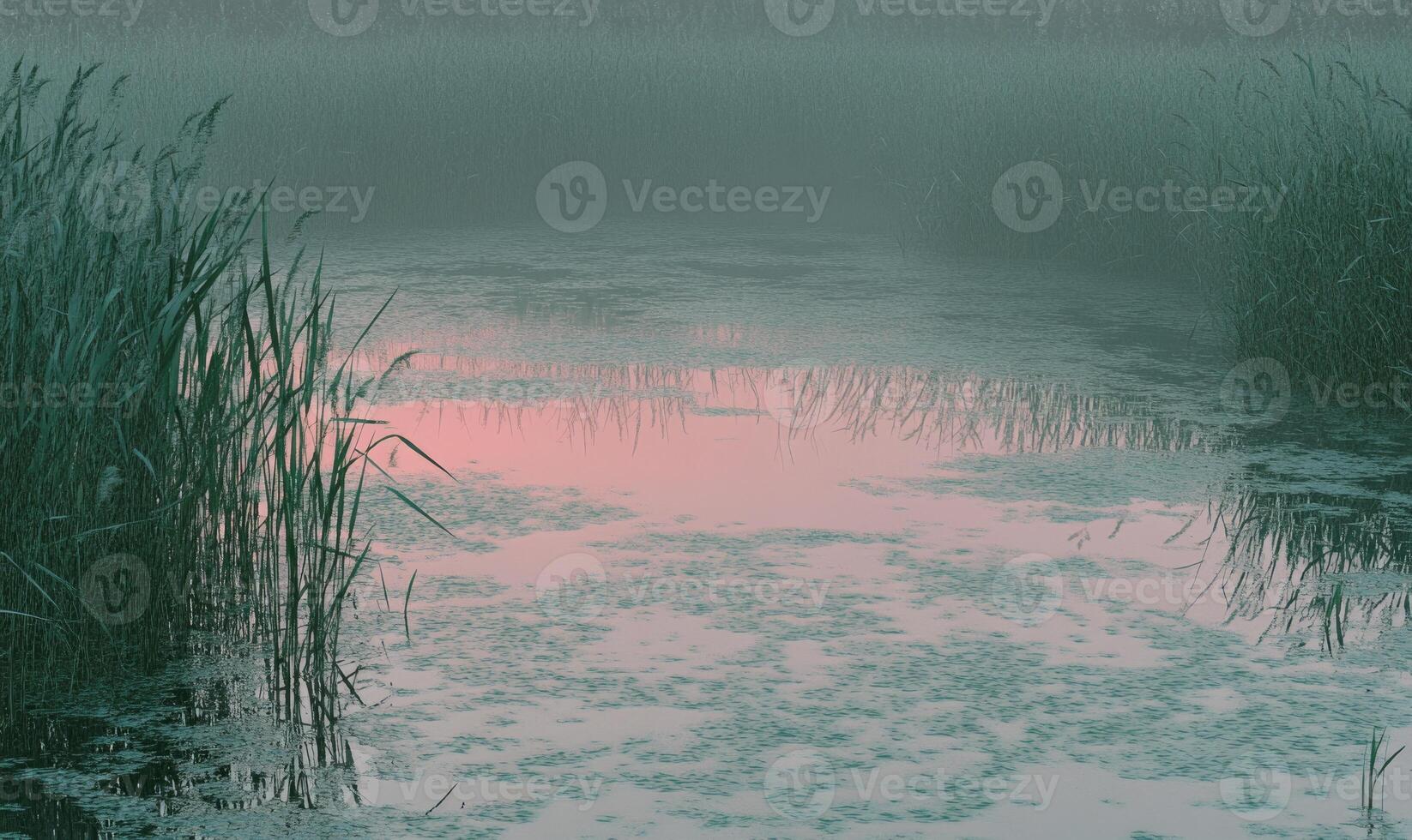 A pond with a pink reflection of the sky photo