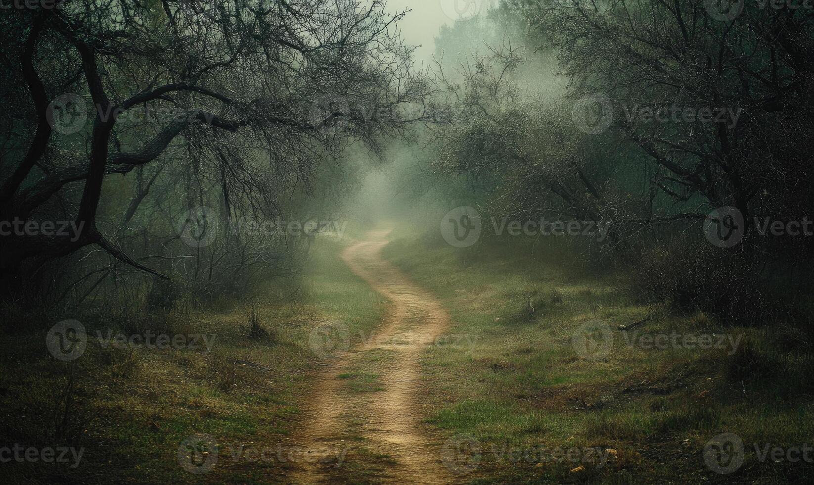 A path through a forest with trees and rain photo