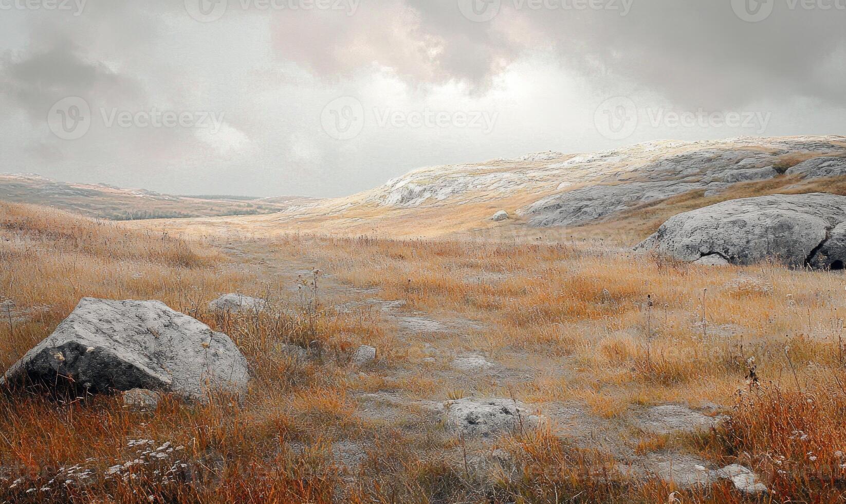 A desolate, rocky field with a cloudy sky in the background photo