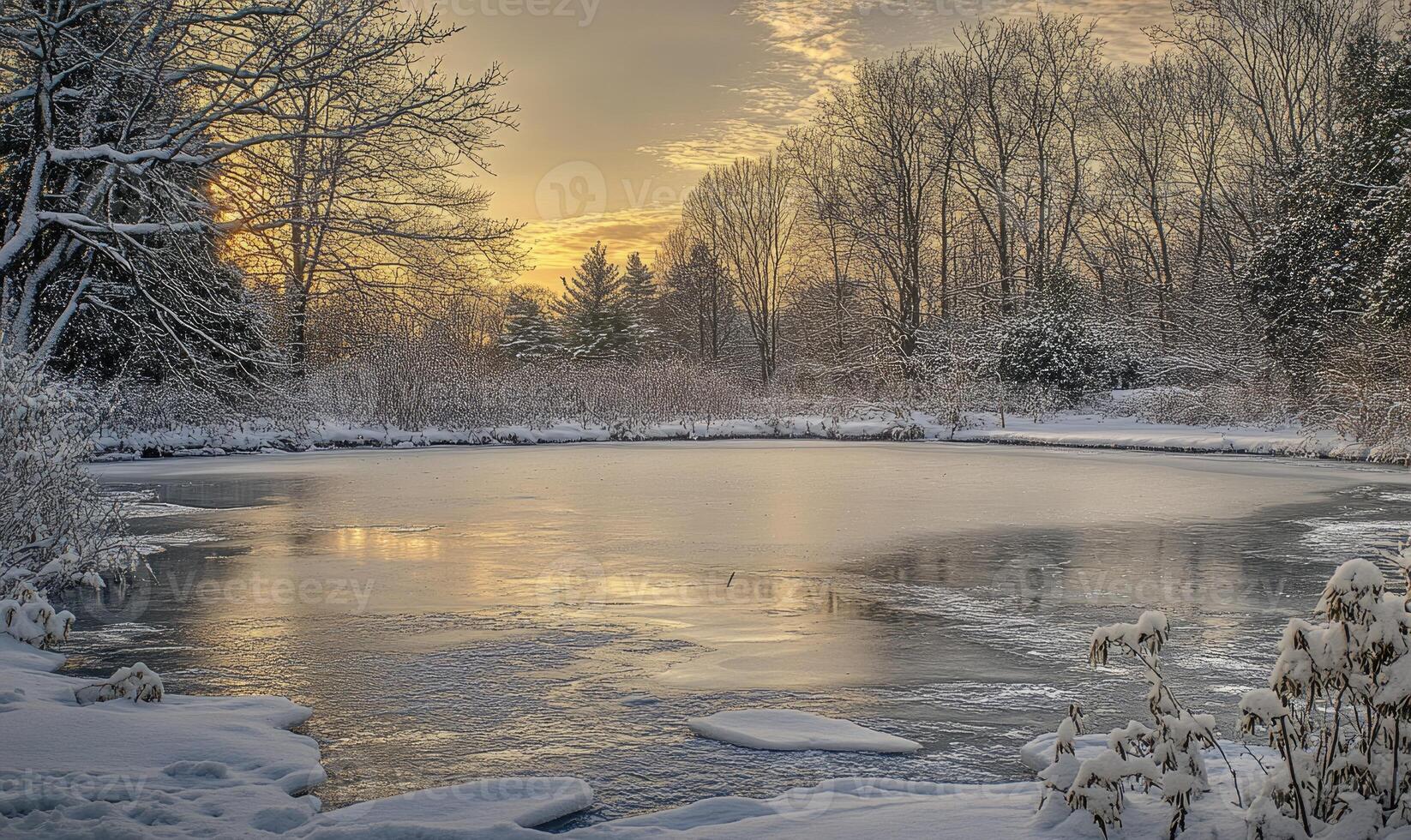A frozen lake with trees in the background photo