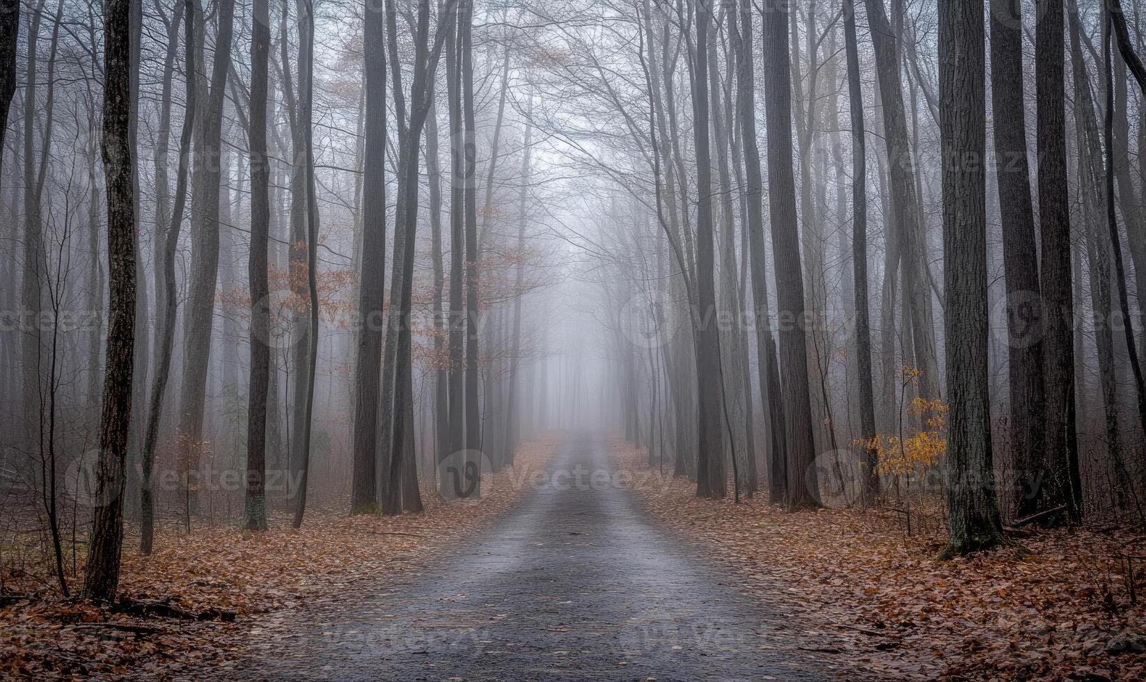 A forest path is shown in the rain with trees on either side photo