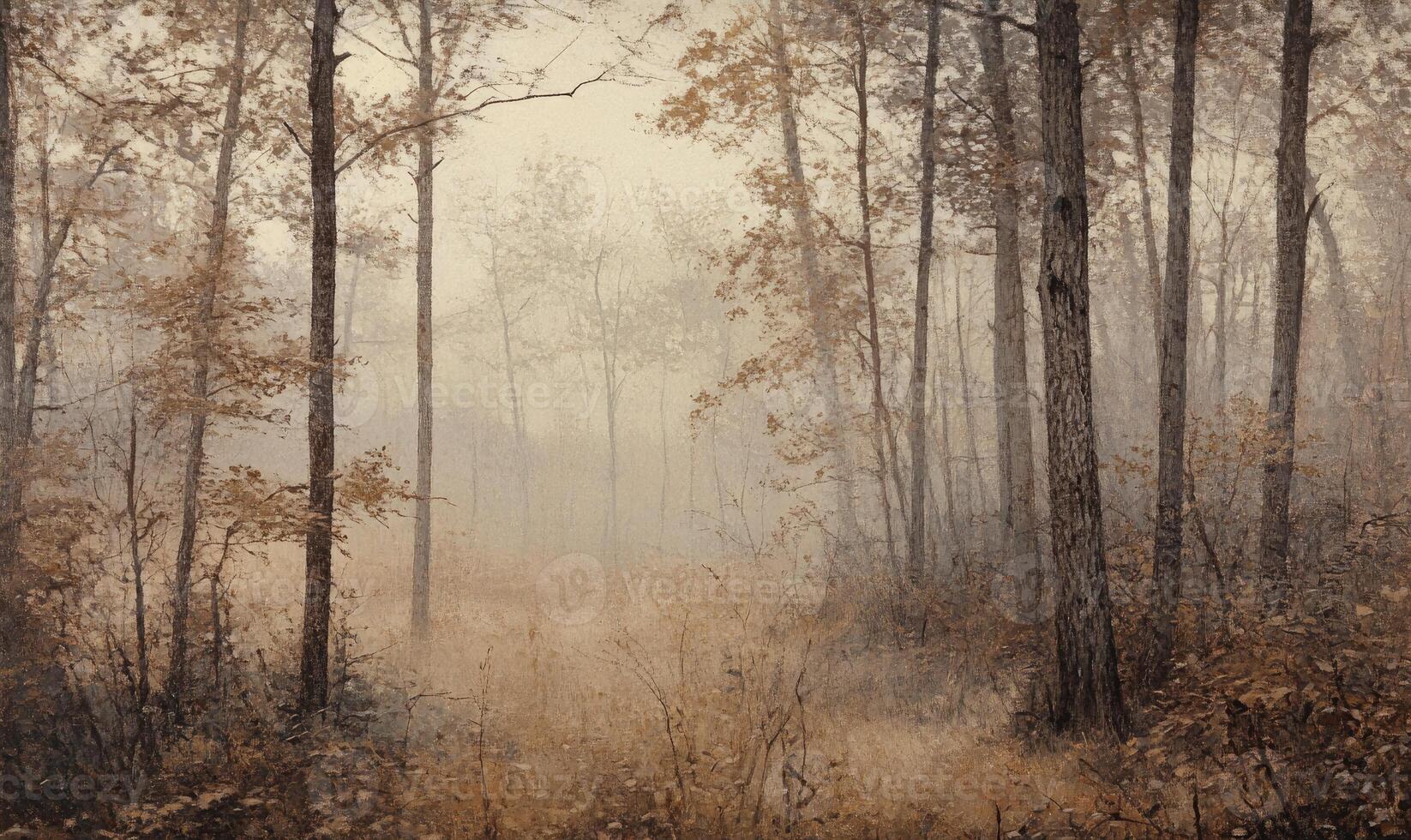 A painting of a forest with trees and a foggy sky photo