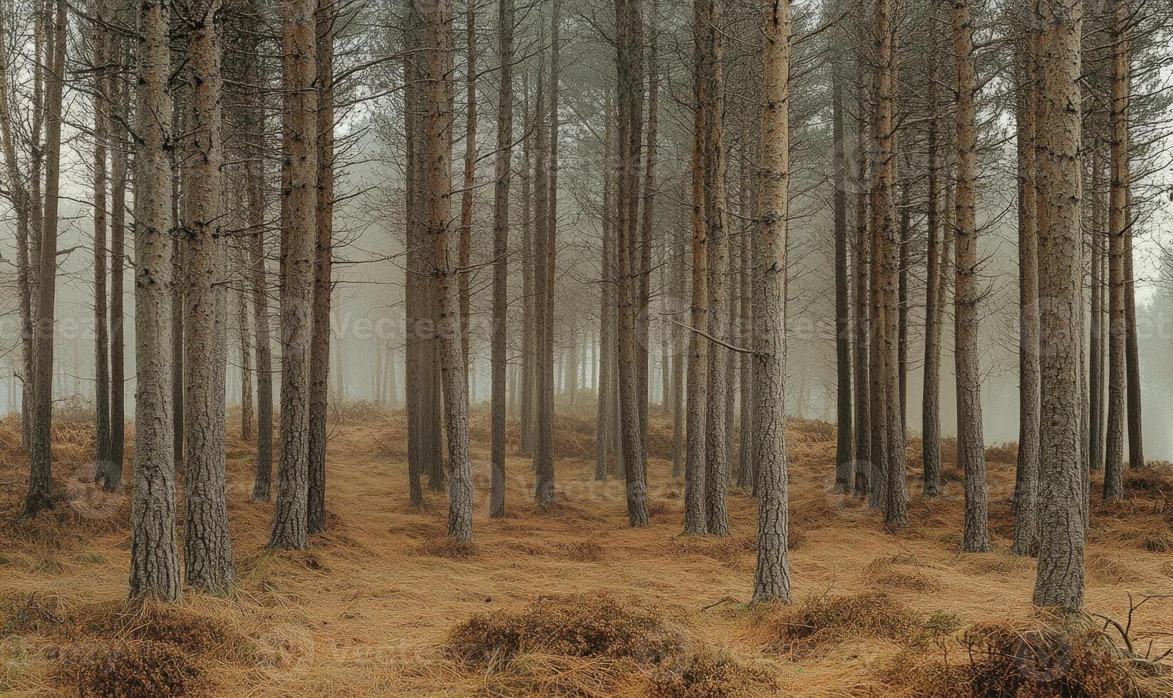A forest with trees that are brown and have no leaves photo