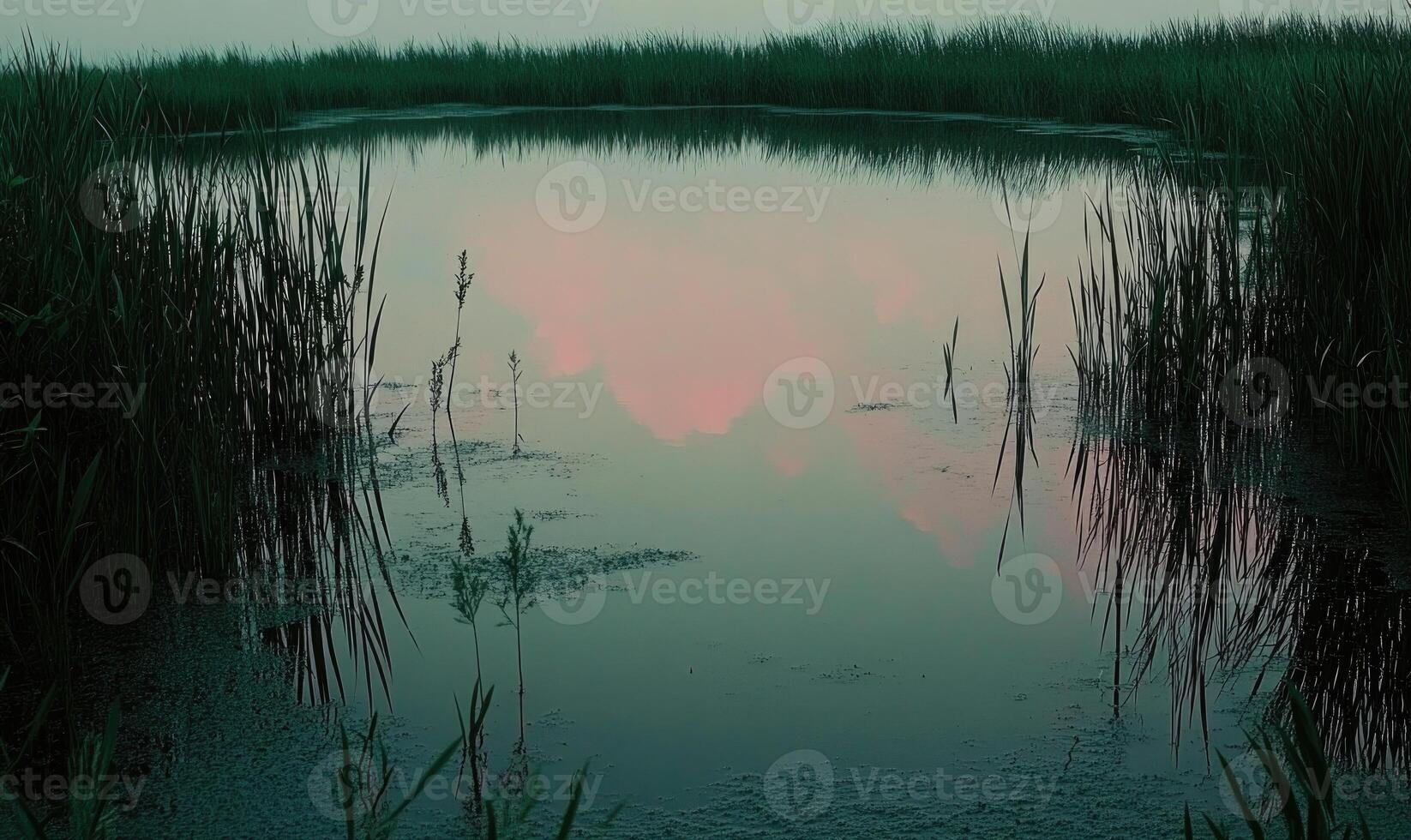 A pond with a reflection of a pink cloud in the water photo
