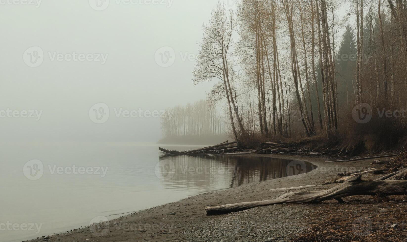 A foggy morning with a lake and trees in the background photo