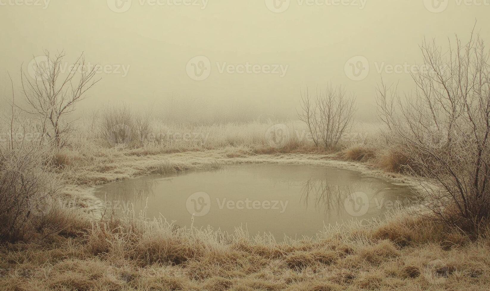 A pond with a few trees in the background photo