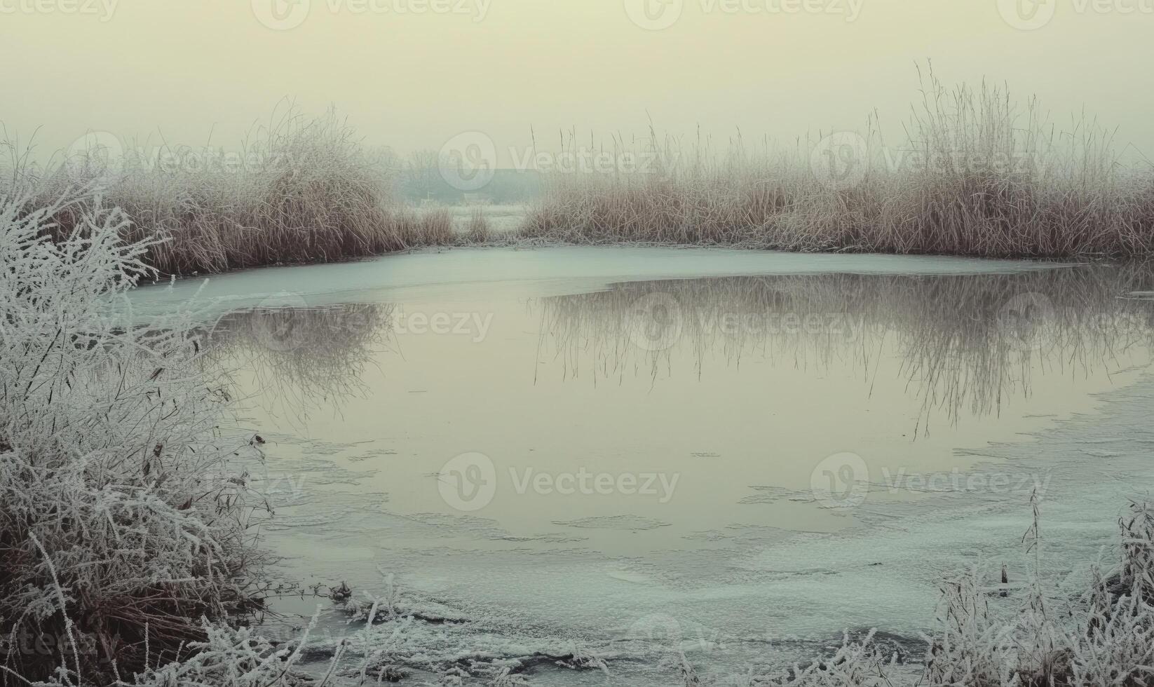 A frozen pond with a few trees in the background photo